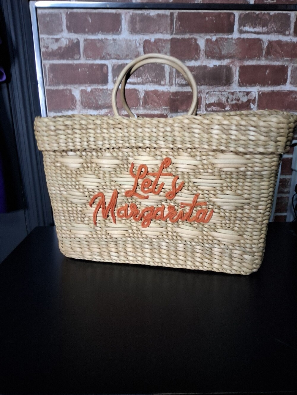 Woven Straw Tote Bag with "Let's Margarita" Embroidery - Natural/Tan